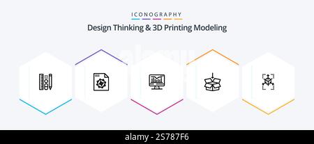 Design Thinking And D Printing Modeling 25 Line icon pack including database. prototype. static. education. arrow Stock Vector