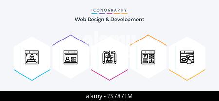 Web Design And Development 25 Line icon pack including . video . security. design . sketch Stock Vector