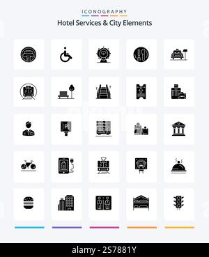 Creative Hotel Services And City Elements 25 Glyph Solid Black icon pack  Such As car. kneef. walk. service. hotel Stock Vector