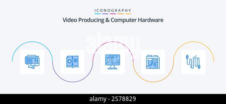 Video Producing And Computer Hardware Blue 5 Icon Pack Including audio. case. instruction. box. graphics Stock Vector