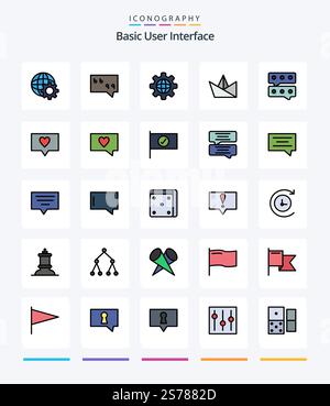 Creative Basic 25 Line FIlled icon pack  Such As message. like. world. message. bubble Stock Vector