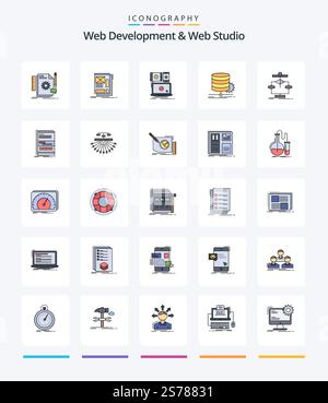 Creative Web Development And Web Studio 25 Line FIlled icon pack  Such As data. algorithm. layout. technology. mobile Stock Vector