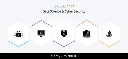 Data Science And Cyber Security 25 Glyph icon pack including protected. internet. access. computer. shield Stock Vector