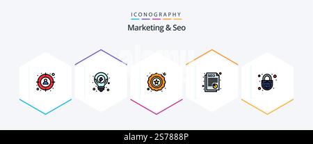 Marketing And Seo 25 FilledLine icon pack including globe with lock. globe. premium. security. seo Stock Vector