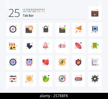 Tab Bar 25 Flat Color icon pack including management. book. secure. send. email Stock Vector