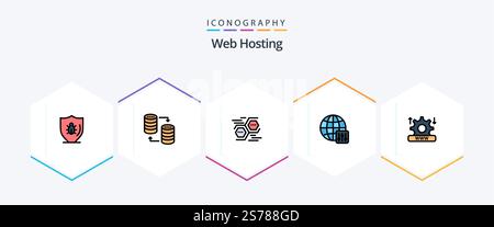 Web Hosting 25 FilledLine icon pack including server settings. world. storage. digital. data Stock Vector