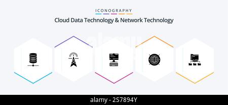 Cloud Data Technology And Network Technology 25 Glyph icon pack including folder. world. computing. web . computing Stock Vector