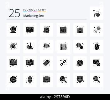 Marketing Seo 25 Solid Glyph icon pack including portfolio. video. bag. online. like Stock Vector