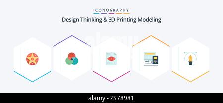 Design Thinking And D Printing Modeling 25 Flat icon pack including text. pen . text . calculatre. monitor Stock Vector