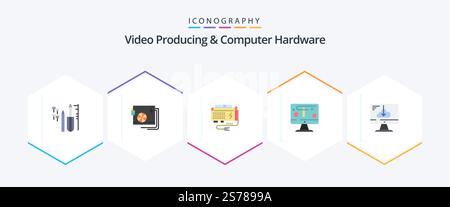 Video Producing And Computer Hardware 25 Flat icon pack including graphics. design. supply. computer. power Stock Vector