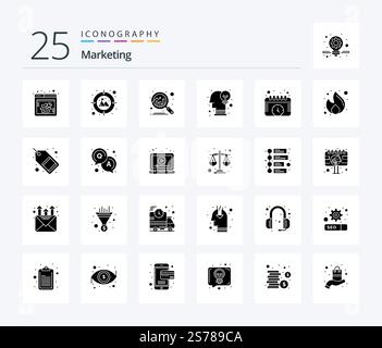 Marketing 25 Solid Glyph icon pack including watch. events. chart. calendar. idea Stock Vector