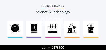 Science And Technology Glyph 5 Icon Pack Including science of matter. chemistry. smartphone application. chemical science. lab glassware. Creative Icons Design Stock Vector
