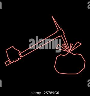 Neon pickaxe mining beats stones flying Holding in hand red color vector illustration image flat style light. Neon pickaxe mining beats stones flying Holding in hand red color vector illustration image flat style Stock Vector