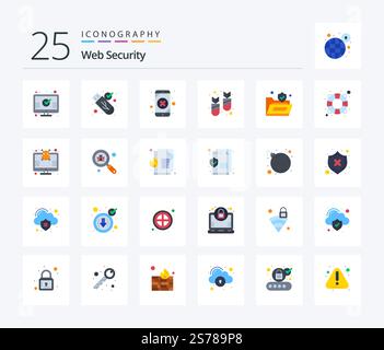 Web Security 25 Flat Color icon pack including lock. virus. mobile data. ddos. attack Stock Vector