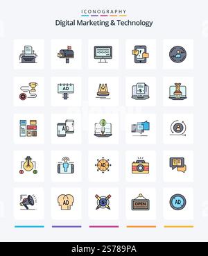 Creative Digital Marketing And Technology 25 Line FIlled icon pack  Such As visiter. digital. live. socil promotion. promotoin Stock Vector