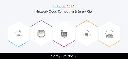 Network Cloud Computing And Smart City 25 Line icon pack including storage. pc. manufacturing. energy Stock Vector