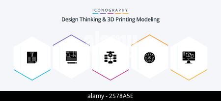 Design Thinking And D Printing Modeling 25 Glyph icon pack including computer. project. flowchart. satanic. database Stock Vector