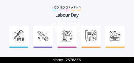 Labour Day Line 5 Icon Pack Including labour. jacket. gear. cutter. saw. Creative Icons Design Stock Vector