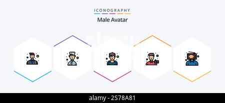 Male Avatar 25 FilledLine icon pack including customer. portrait. exerciser. photo. image Stock Vector