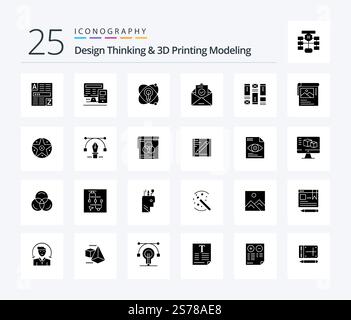 Design Thinking And D Printing Modeling 25 Solid Glyph icon pack including sketching. education. atom. envelope. mail Stock Vector