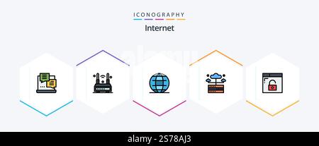 Internet 25 FilledLine icon pack including browser. network. wireless. hosting. world Stock Vector