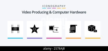 Video Producing And Computer Hardware Glyph 5 Icon Pack Including screenplay. novel. theatre. decree. editing. Creative Icons Design Stock Vector