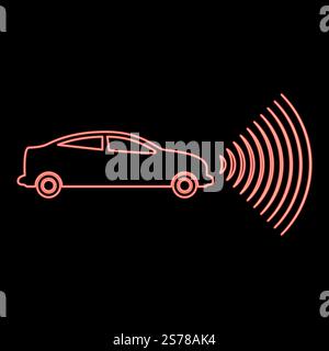 Neon car radio signals sensor smart technology autopilot front direction red color vector illustration image flat style light. Neon car radio signals sensor smart technology autopilot front direction red color vector illustration image flat style Stock Vector