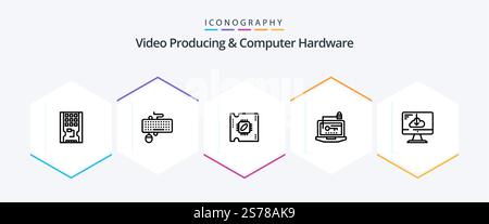 Video Producing And Computer Hardware 25 Line icon pack including key. computer. mouse. access. processor Stock Vector