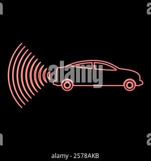 Neon car radio signals sensor smart technology autopilot back direction red color vector illustration image flat style light. Neon car radio signals sensor smart technology autopilot back direction red color vector illustration image flat style Stock Vector