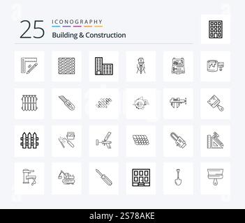 Building And Construction 25 Line icon pack including construction. laser. square. construction. architecture Stock Vector