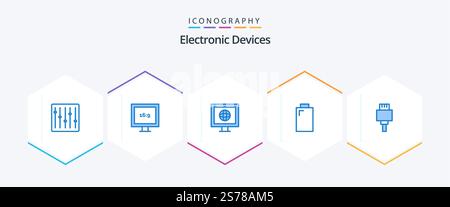Devices 25 Blue icon pack including . electronic. news. devices. power Stock Vector