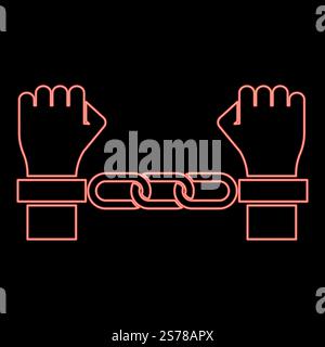 Neon hands in handcuffs Criminal concept Arrested punishment Bondage convict red color vector illustration image flat style light. Neon hands in handcuffs Criminal concept Arrested punishment Bondage convict red color vector illustration image flat style Stock Vector