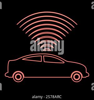 Neon car radio signals sensor smart technology autopilot up direction red color vector illustration image flat style light. Neon car radio signals sensor smart technology autopilot up direction red color vector illustration image flat style Stock Vector