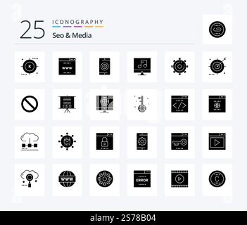 Seo & Media 25 Solid Glyph icon pack including video. media. site. audio. optimization Stock Vector