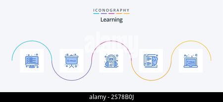 Learning Blue 5 Icon Pack Including board. learning. e learning. knowledge. book Stock Vector