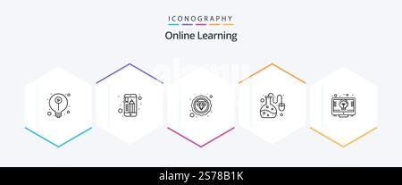 Online Learning 25 Line icon pack including light. bulb. diamond. online science education. lab test Stock Vector