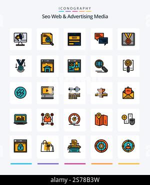 Creative Seo Web And Advertising Media 25 Line FIlled icon pack  Such As message. tech. page search. seo. data Stock Vector
