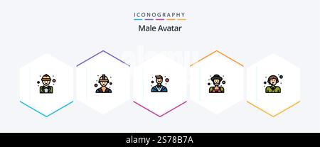 Male Avatar 25 FilledLine icon pack including delivery. old man. attorney. man. farmer Stock Vector