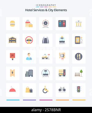 Creative Hotel Services And City Elements 25 Flat icon pack  Such As building. hotel. browser. machine. down Stock Vector