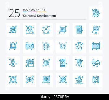 Startup And Develepment 25 Blue Color icon pack including file. chart. man. cell. video Stock Vector