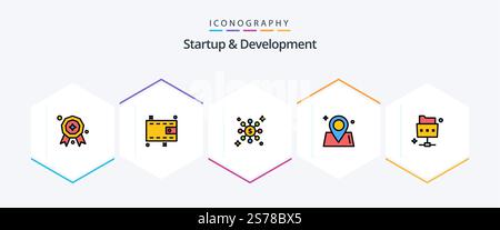 Startup And Develepment 25 FilledLine icon pack including . folder. network. file. world Stock Vector