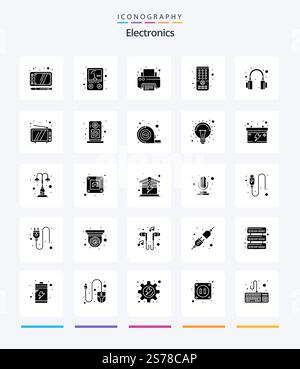 Creative Electronics 25 Glyph Solid Black icon pack  Such As television. headset. printer. headphones. tv Stock Vector