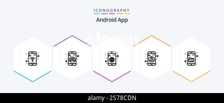 Android App 25 Line icon pack including research. drive search. app. mobile. application Stock Vector