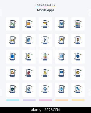 Creative Mobile Apps 25 Line FIlled icon pack  Such As phone. date. learning. calendar. agenda Stock Vector