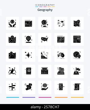Creative Geo Graphy 25 Glyph Solid Black icon pack  Such As river. fish. book. table globe. map Stock Vector
