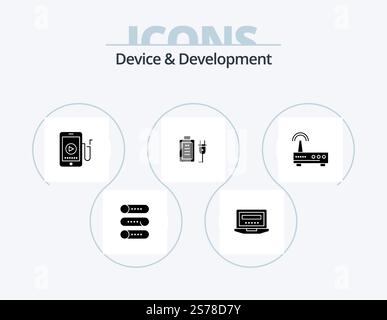 Device And Development Glyph Icon Pack 5 Icon Design. wifi. education. music. plug. battery Stock Vector