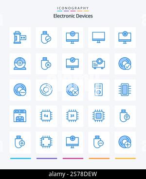 Creative Devices 25 Blue icon pack  Such As computers. camera. stick. cam. hardware Stock Vector