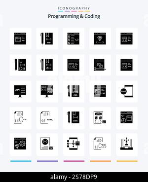 Creative Programming And Coding 25 Glyph Solid Black icon pack  Such As coding. app. file. list. develop Stock Vector