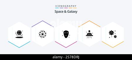 Space And Galaxy 25 Glyph icon pack including space. astronaut. universe. ufo. astronomy Stock Vector