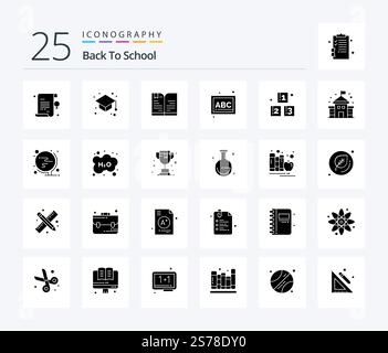 Back To School 25 Solid Glyph icon pack including education. school. back to school. preschool. abc Stock Vector